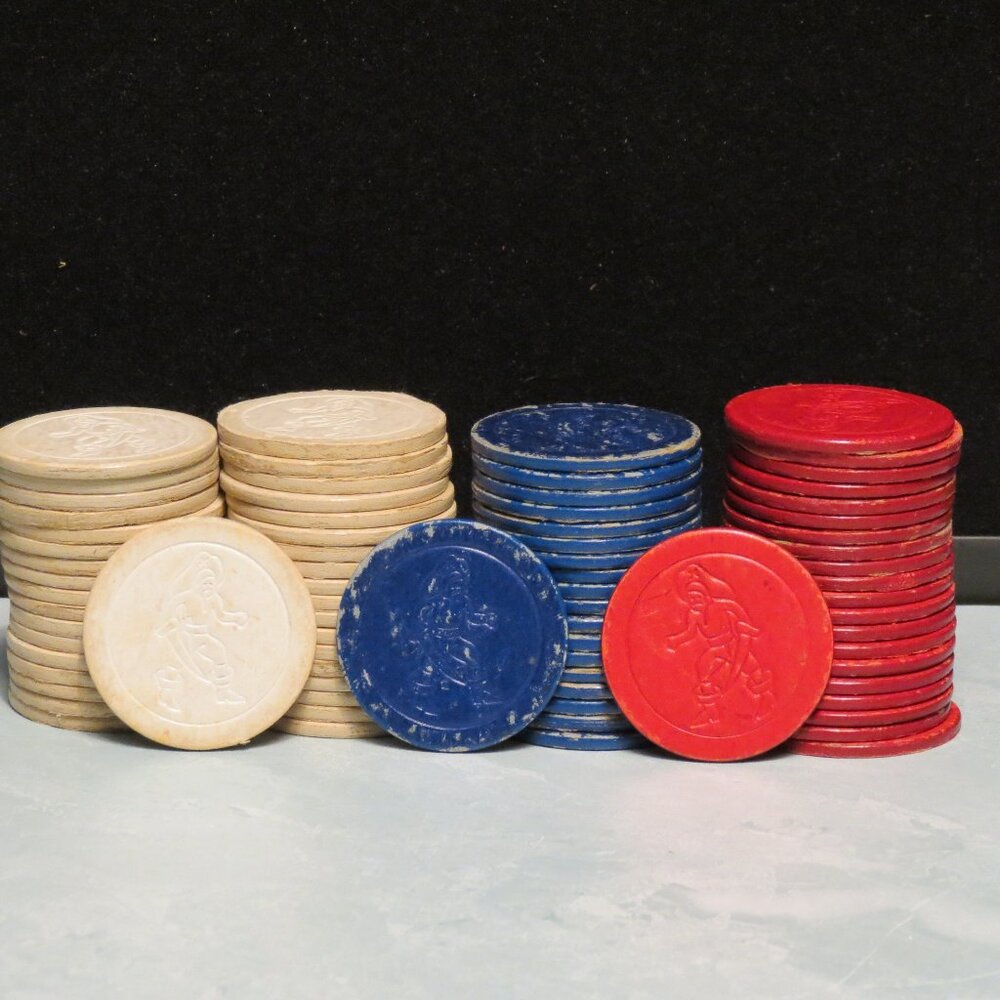 Vintage Lot of 76 Pirate Chips Paper Pressed Cardboard Set Red White Blue 